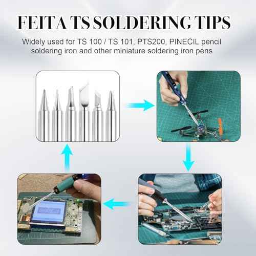 FEITA Pinecil TS100 Soldering Iron Tips Replacement for Mini Portable Micro Solder Pen Various Models Stations Tool Soldering Accessories (TS-B2/I/BC2/D24/K/KU 6pcs)
