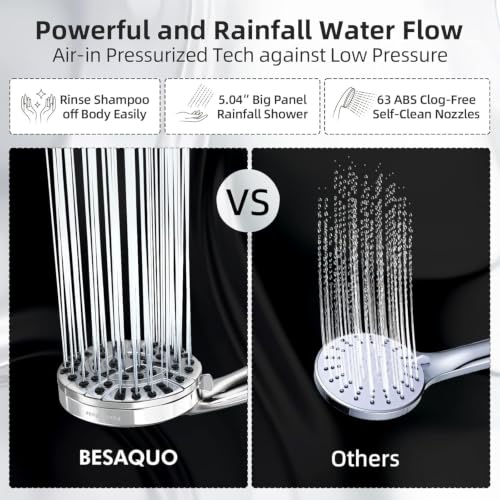 BESAQUO 9-Function High Pressure Handheld Shower Head with Power Wash & Chrome Finish