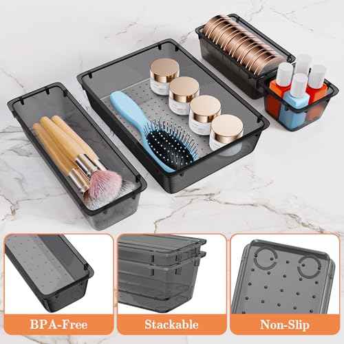 25 PCS Plastic Drawer Organizer Set, 4-Size Versatile Organizer Trays & storage Bins for Makeup, Jewelry, and Gadgets in Bathroom, Bedroom and Office,Clear Black