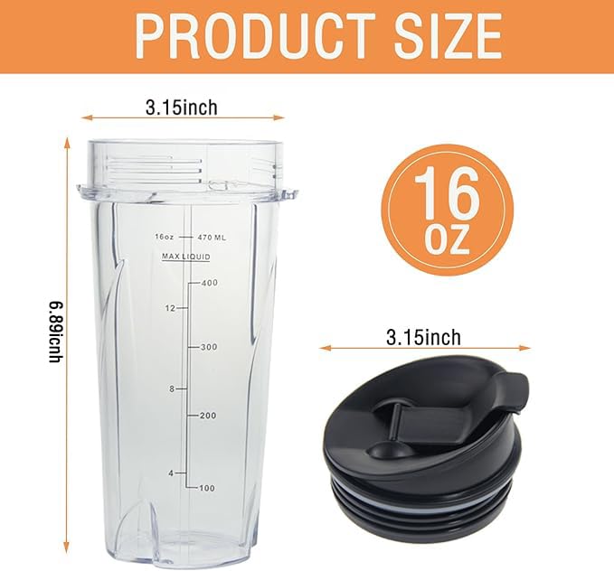16oz Ninja Blender Replacement Cups with Lids, 2-Pack for QB3000QB3001SS & BL Series