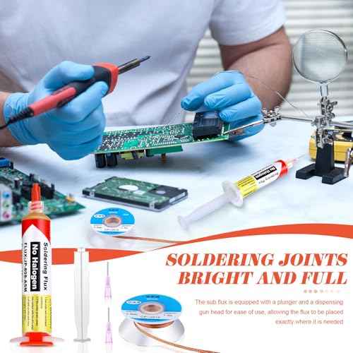 Blulu 6 Pcs 10ml 8341 No Clean Solder Flux Paste and Wicks Tacky Soldering Flux with Plunger and Dispensing Tip 1.5 Meter Length Solder Wick Braid for Electronics
