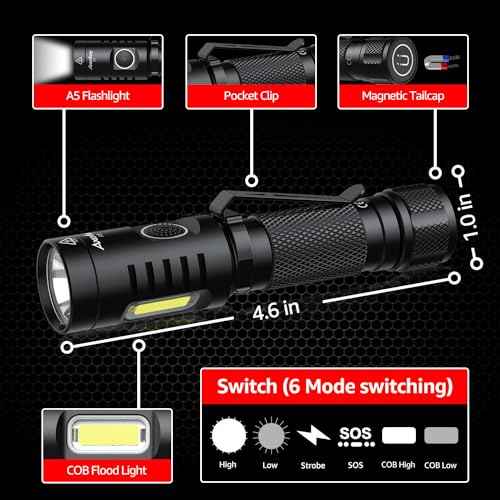 Flashlight, Magnetic LED Flashlight,Small Powerful EDC Flashlight A5 with COB Side Light,700 lumens,6 Modes,2 Types Batteries,Waterproof for Camping, Emergency(Not Included Battery) Gift