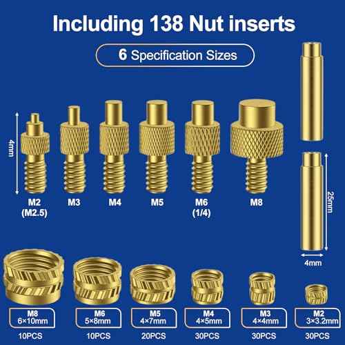 139PCS Heat Set Insert Tool,100W Digital Soldering Iron with 130PCS Threaded Inserts Nut,6PCS Heat-Set Insert Tips (M2 M3 M4 M5 M6 M8),2PCS Soldering Tip Connecting Rods