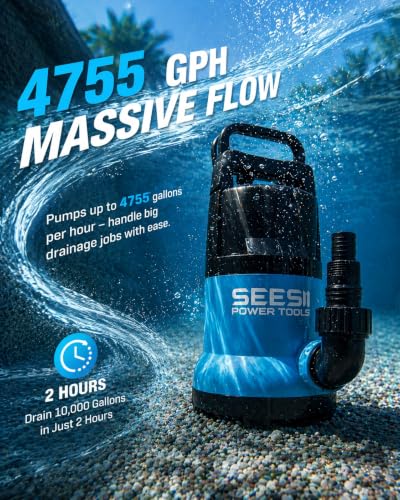 Seesii 1HP Submersible Water Pump - Royal Blue, 4755 GPH, 36ft Lift, Hose Kit Included