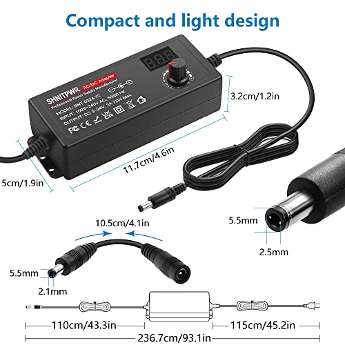 SHNITPWR Adjustable 3V-24V 3A DC Power Supply with 14 Tips - Black