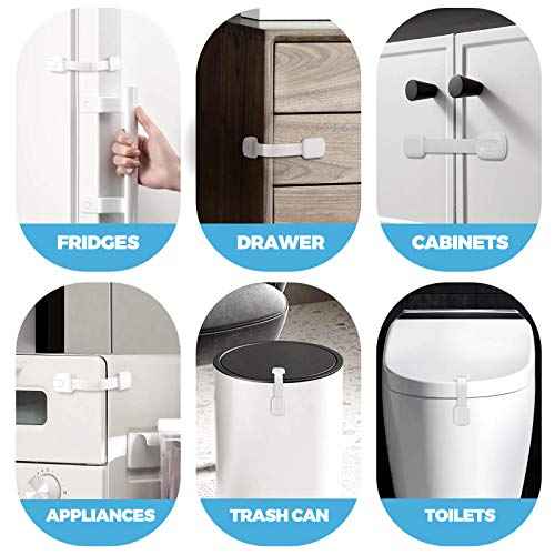 Child Safety Strap Locks for Cabinet, Fridge, Ovens, Toilet, Drawer, Trash can etc with Strong Adhesive Not Easy to Fall Off, Adjustable Length, 2 Packs