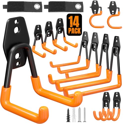 Garage Hooks Heavy Duty 14 Pack Utility Wall Mount Storage Hangers with Mop Broom Holders Extension Cord Holder Organizer for Power Tool Garden Tool Ladder Hose