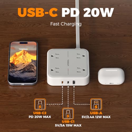 TESSAN 5 Ft Flat Power Strip with Surge Protector, 2 USB-C Ports & 7 Outlets