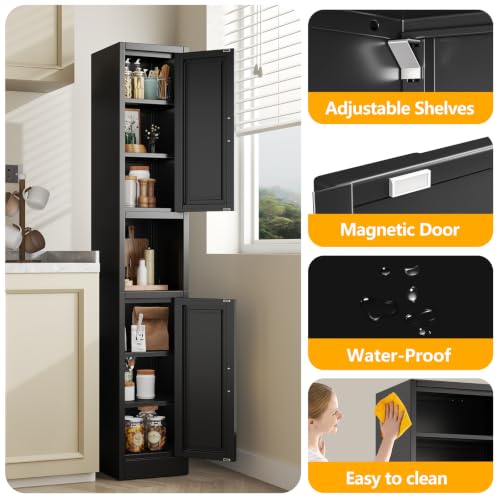 67-Inch Tall Narrow Metal Pantry Cabinet with Adjustable Shelves & Double Doors - Black