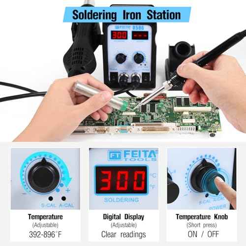 FEITA 8586 SMD Hot Air Rework Station 2 IN 1 Digital Soldering Iron & Heat Air Gun with 5 Solder Tips, 1 Solder Sucker, 1 Solder Wire, 1 Curved Tweezer, 3 Nozzles Kit