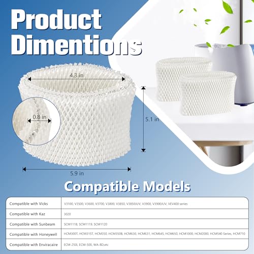 Funmit WF2 Humidifier Filter Replacement – 6 Pack for Vicks Sunbeam Honeywell (Fits V3100/V3500/V3600/V3700/V3800/V3850/V3900, HCM Series, SCM Series, EC Series) 6 Pack
