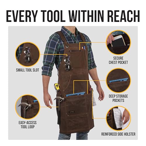 ecoZen 16oz Waxed Canvas Work Apron with Tape Holder - 27 x 34 inches Shop Apron with Elastic Back Strap and Front Pockets, Fully Adjustable, Tough Protection for Men - Brown