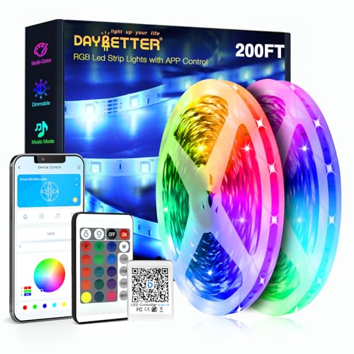 DAYBETTER 200 ft RGB LED Strip Lights with App & Remote, Music Sync, Color Changing for Bedroom, Kitchen, Party