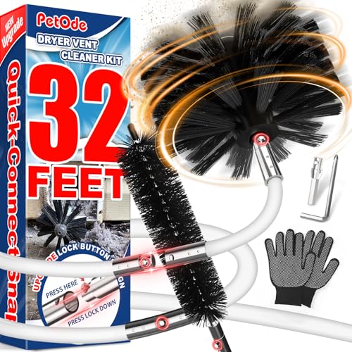 PetOde 32 Feet Dryer Vent Cleaner Kit with 4" Brush Head, 23 Quick Snap Rods