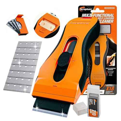 Razor Blade Scraper Tool | 18 Extra Blades, Unique Auto-Reload Mechanism, Dual Storage Compartment, cleaning razor scraper for Kitchen, Glass, Cooktop, Stovetop, Oven, Paint, Window, Sticker