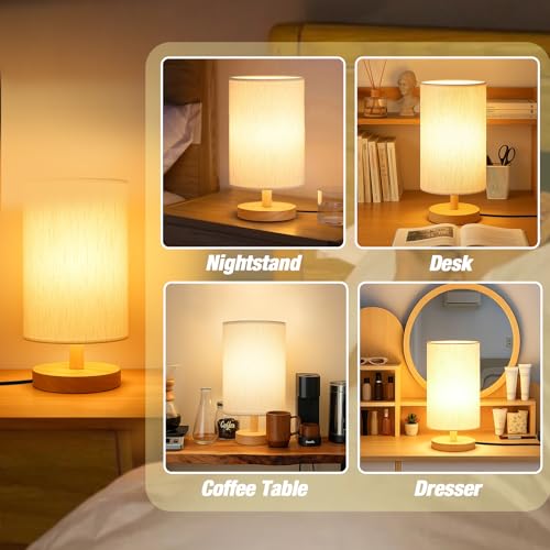 EZIYIN Flax White Bedside Table Lamp with Wooden Base & LED Bulb - Small Nightstand Light for Bedroom & Office