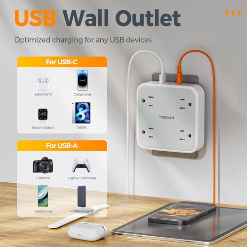 TESSAN Grey 4 Outlet Power Strip with 2 USB-C Ports and Surge Protection