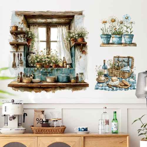 3D Fake Window Wall Stickers Green Plant Potted Wall Decals Daisy Green Leaf Wall Art Natural Scenery Wildflower Blossom Vinyl Removable Wall Mural for Kids Bedroom Kitchen Home Decoration 026