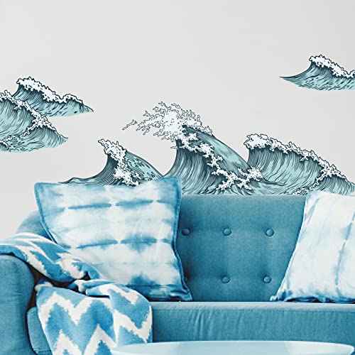 PLIGREAT 6 Pcs Blue Ocean Sea Waves Wall Stickers, Removable Vinyl Peel and Stick Wall Decals for Bathroom Nusery Bedroom Playroom Wall Decoration Home Indoor DIY Wall Art Decor Bathtub Decals