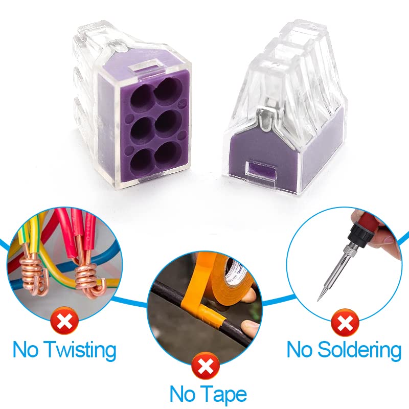Purple 6 Port Push-in Wire Connector 18-12 AWG Solid/Stranded Wires - 50Pcs PCT-106