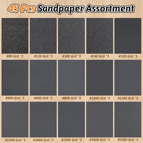 Pihemum 45 Pack Wet Dry Sandpaper Sheets 80-5000 Grit for Polishing & Finishing, 9x3.6 Inch