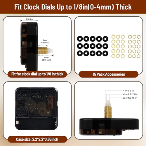 JINIOHEE 15 Pack Quartz Clock Mechanism Replacement Kit with 20 Hands, 9mm Thread Length