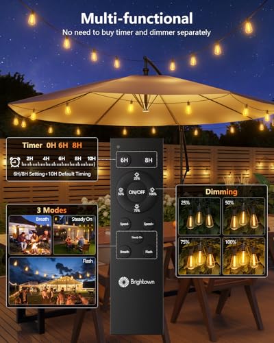 Brightown 100FT Solar String Lights Outdoor Waterproof with 33 Shatterproof LED Bulbs & Remote