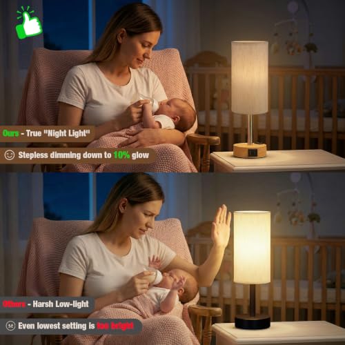 Aooshine Beige Wood Grain Touch Bedside Table Lamp with USB-C, USB-A & Outlet - Dimmable Night Light
