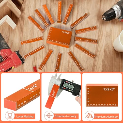 Setup Blocks 15 Pcs Aluminum Height Gauge Set for Router & Table Saw – Orange (Inch)