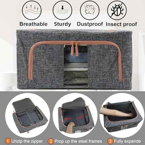 Linen Clothes Storage Bins, 4PCS Sturdy Closet Organizers and Storage Bin with Metal Frame, 2 Opening Ways Fabric Visible Lidded Storage Box for Organizing Clothing,Jeans,Sheets (4PC Gray, 22Liters)
