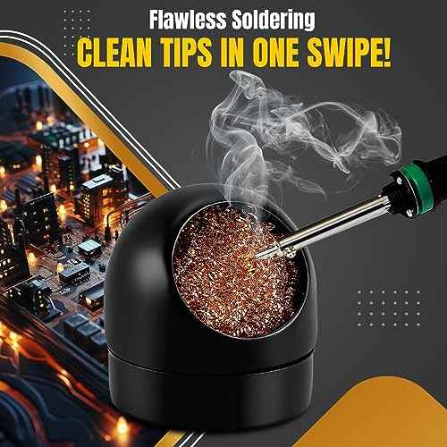 Flexzion Solder Cleaner with Brass Wool Soldering Wire Sponge and Black, Dome-shaped, Non-Slip Solder Sponge Tray Housing, Soldering Iron Tip Cleaner, No Water Needed