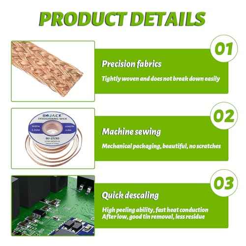 BOJACK Desoldering Braided Wire Pure Copper-Tin 2.5MM ¡¿ 3.0M No-Clean Solder Welding Ribbon Wick Remove Solder Cleaning or Repair Accessories for Disassemble Electronic Components (Pack of 3)