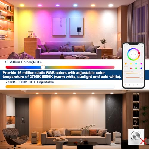 SikSog 4 Inch RGB+CCT Smart Recessed LED Downlights 12 Pack - Bluetooth & Alexa Compatible, Dimmable, 1080 Lumens, White Shell
