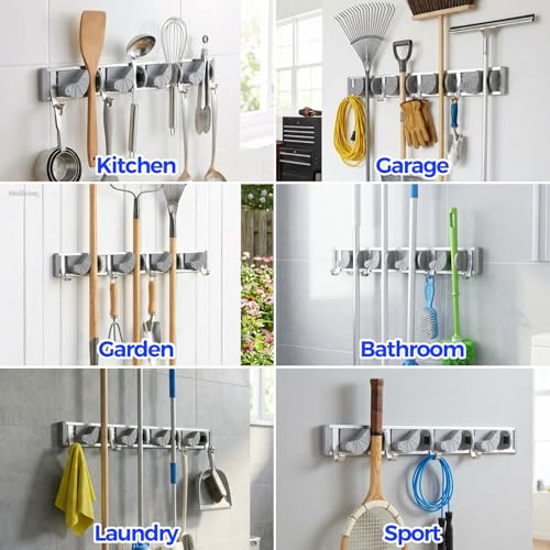 Holikme Silver Wall Mount Mop & Broom Holder with 4 Hooks, Metal Organizer