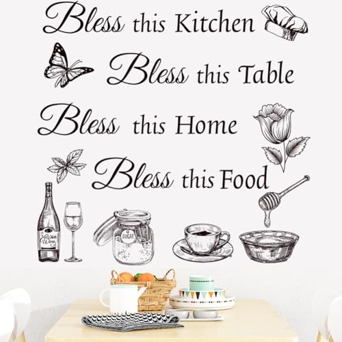 Kitchen Wall Stickers Dining Room Decals Decor Bless This Kitchen Wall Decal Thankful Grateful Blessed Quote Utensil Art Decorations for Home Coffee Shop Wall Decor