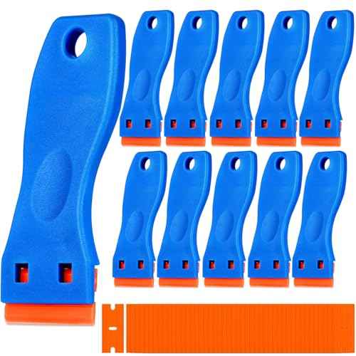 10 Plastic Razor Blade Scraper, 100 Pcs Blades, Remove Label Decal Tool for Stickers, Gaskets and Paints on Window Car Glass