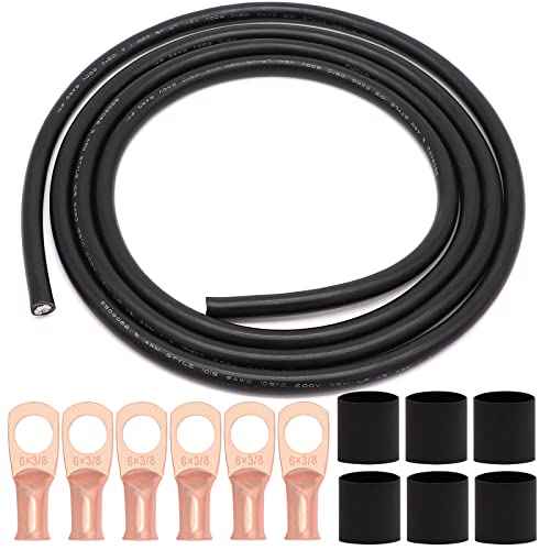 6 AWG Gauge UL1015 Wire Battery Power Tinned Oxygen Free Copper OFC Welding Cable Boat Inverter 6 1/2feet Black and 6-3/8inch Lugs Terminal Connectors with Heat Shrink Tube