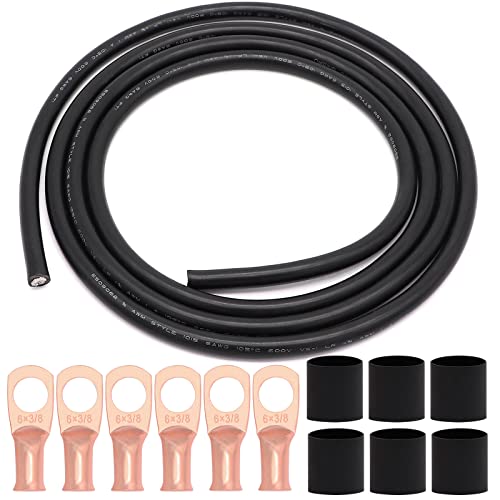 6 AWG Gauge UL1015 Wire Battery Power Tinned Oxygen Free Copper OFC Welding Cable Boat Inverter 6 1/2feet Black and 6-3/8inch Lugs Terminal Connectors with Heat Shrink Tube