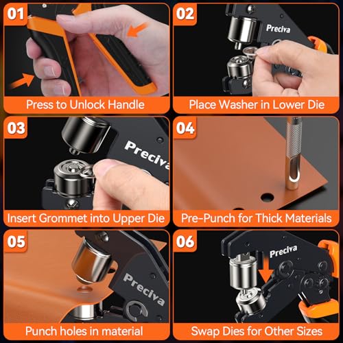 Preciva 3-Size Grommet Tool Kit - 1/2" 1/4" 3/8" Hole Punch & Eyelet