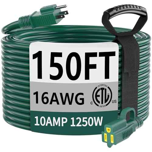 HUANCHAIN Indoor Outdoor Green Extension Cord 150 ft Waterproof, 16/3 Gauge Flexible Cold-Resistant Appliance Extension Cord Outside, 10A 1250W 16AWG SJTW, 3 Prong Heavy Duty Electric Cable, ETL