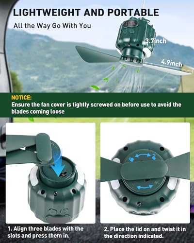DUKUSEEK Portable Tent Ceiling Fan with Light & 7500mAh Power Bank - Green Small Version