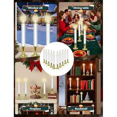 10 Pack Ultra-Bright LED Christmas Window Candles with Brass-Plated Base, Battery Operated Flameless Candles with LED C26 Warm White Bulbs Christmas Window Lights for Holiday Home Wedding Decorations