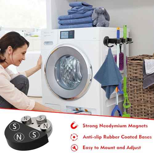 MUTUACTOR Heavy Duty Magnetic Broom Holder, 1PCS Mounting Broom and Mop Hanger, Anti-slip Black Magnetic Tool Holder 3 Slots and 4 Hooks for Fridge, Metal Door, Garage, Work Station