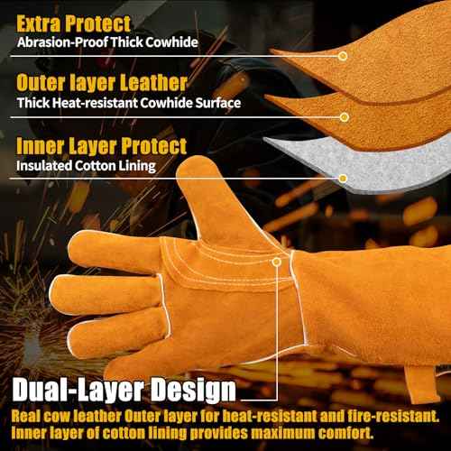 16 Inch Leather Welding Gloves Fire Heat Resistant for Men & Women in Mig Tig Stick Welding or Wood Stove, X-Large