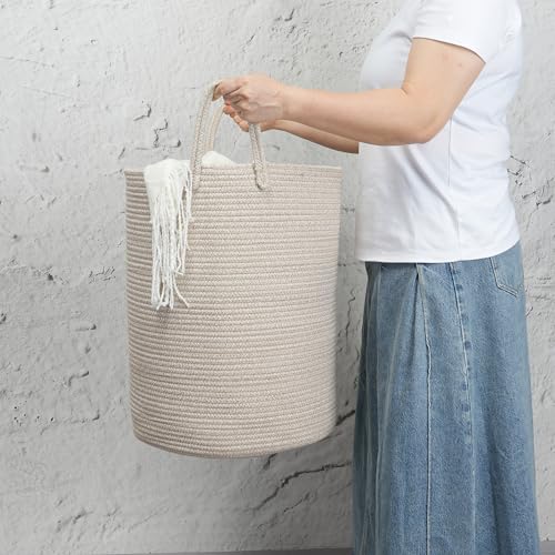 JUNBOLE Oatmeal Woven Cotton Rope Laundry Basket 15" x 20" Laundry Hamper (Regular)