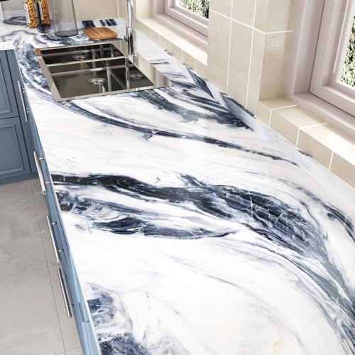 Wallercity Glossy Blue/White Marble Contact Paper for Countertops Kitchen Granite Peel and Stick Wallpaper Removable Vinyl Wraps for Drawer Liner 15.8''x78.7'' Marble Wall Paper for Cabinets Counters