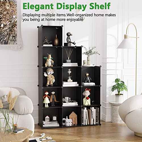 C&AHOME Cube Storage Organizer, 12-Cube Shelves Units, Closet Cabinet, DIY Plastic Modular Book Shelf, Ideal for Bedroom, Living Room, Office, 36.6" L x 12.4" W x 48.4" H Black SHS3012B