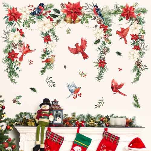 wondever Christmas Flower Cardinal Wall Stickers Christmas Leaves and Floral Red Bird Christmas Window Wall Art Decals for Party Window Xmas Home Party