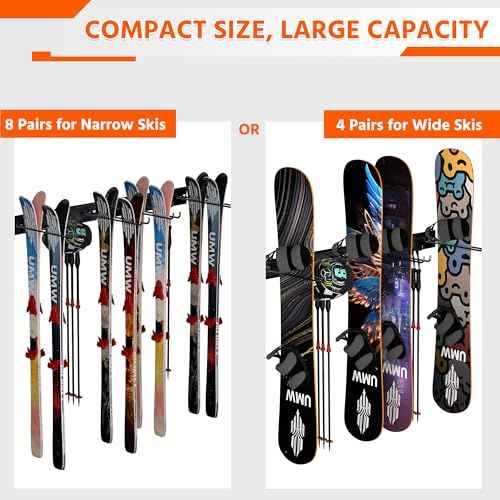 Ultrawall Wall Mount Ski Rack, Garage Ski Storage Rack, Ski Hangers For 8 Pairs of Skis