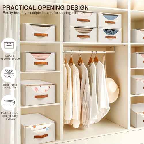 Stackable Storage Drawers - Collapsible Storage Bins with Drawers, 4 Pack Closet Shelf Organizer Basket, Fabric Pull Out Organizer for Bedroom, Living Room, Dorm, Beige